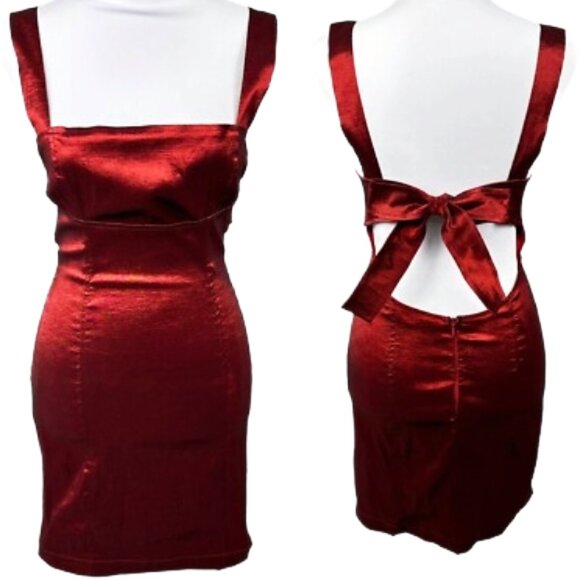 Lucy in the Sky Metallic Red Satin Bow Open Back Mini Dress S Holiday Party Club - Picture 8 of 11